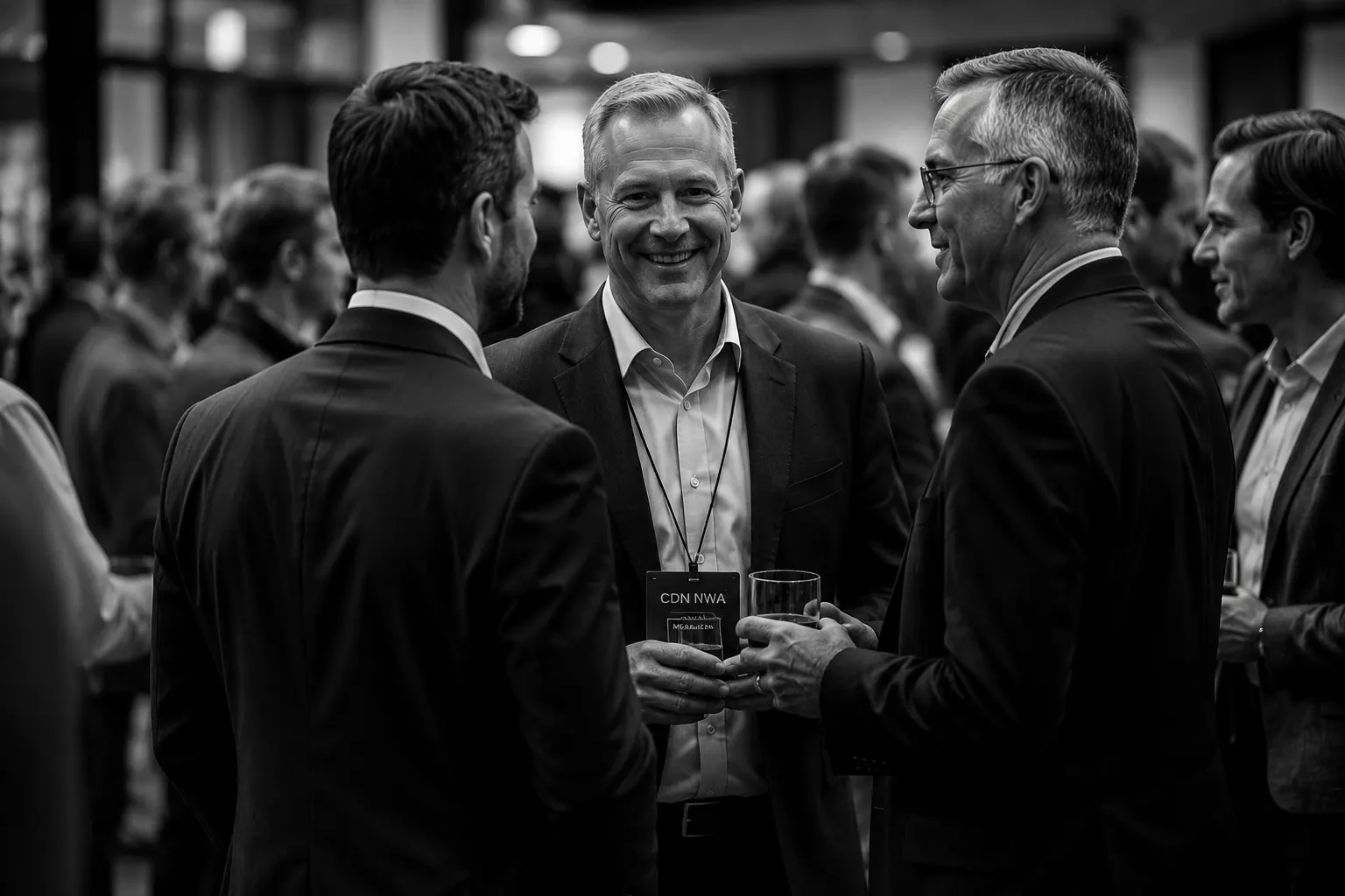 Construction and development professionals in suits networking at a CDN NWA member event, one smiling guest wearing a CDN NWA badge lanyard.
