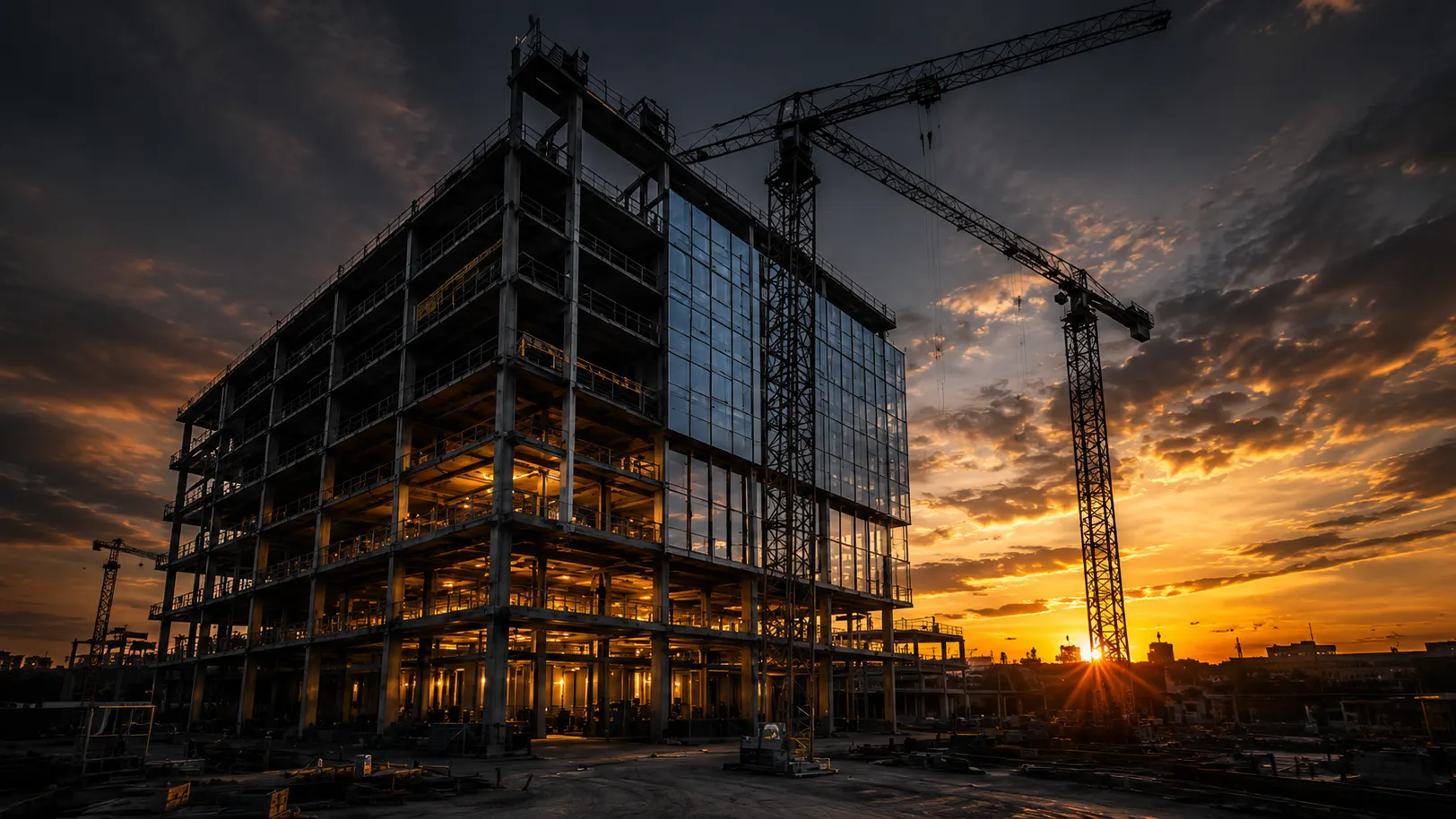 Steel-and-glass mid-rise under construction at sunset in Northwest Arkansas, flanked by two tall tower cranes beneath a golden, cloud-streaked sky.
